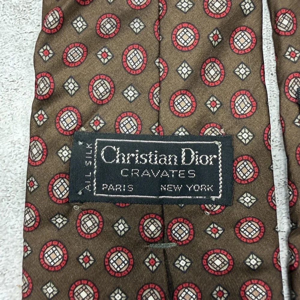 Vintage Christian Dior 100% Silk Tie Mens OS Brown Geometric Designer Necktie